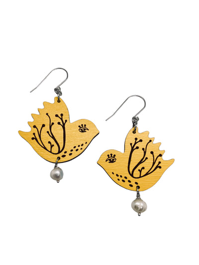 Yellow Bird Dangling Earrings, Lightweight Wooden earrings, Jewelry for Artistic Prople - Leopard Frog