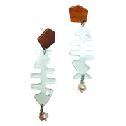 Light Green Transparent Fishbone Earrings With Wooden Studs - Leopard Frog