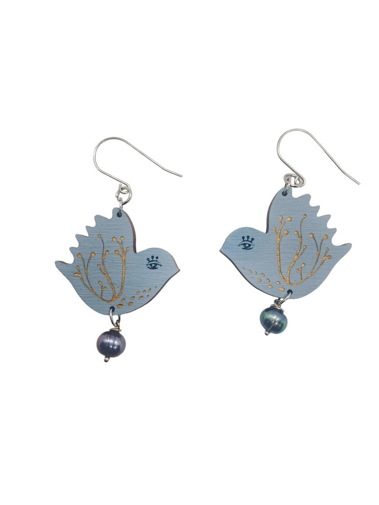Large Blue Bird Dangling Earrings, Lightweight Wooden earrings, Jewelry for Artistic People - Leopard Frog