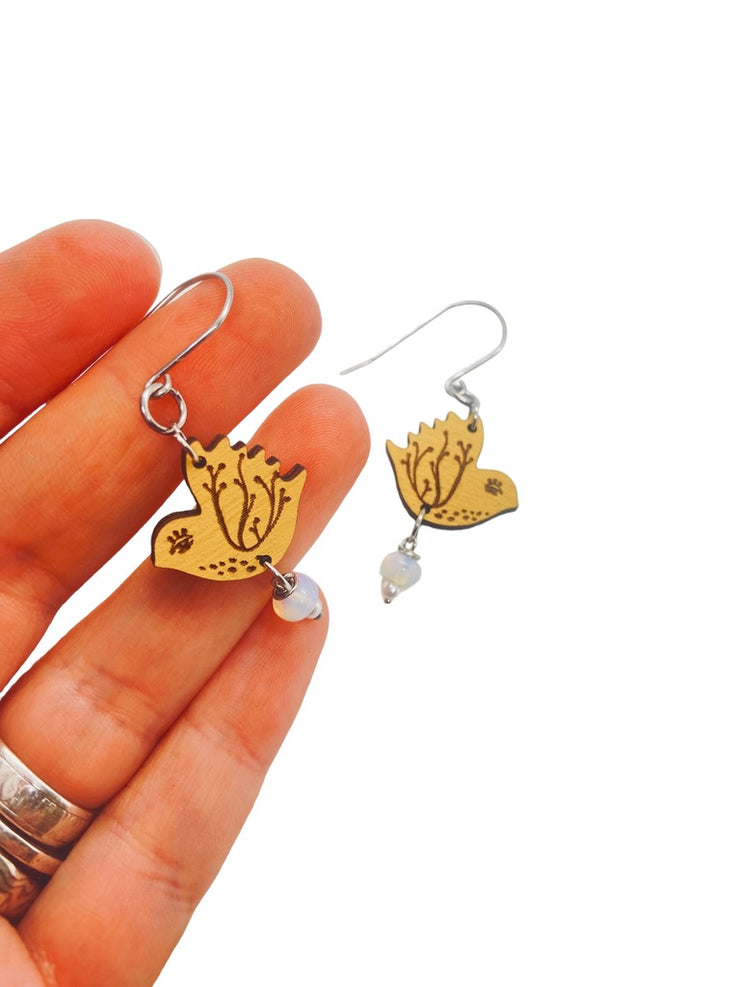 Tiny Yellow Bird Dangling Earrings, Lightweight Wooden earrings, Bird Lover Gift - Leopard Frog
