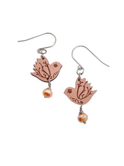 Tiny Pink Bird Dangling Earrings, Lightweight Wooden earrings, Bird Lover Gift - Leopard Frog