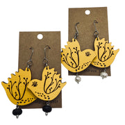 Yellow Bird Dangling Earrings, Lightweight Wooden earrings, Jewelry for Artistic Prople - Leopard Frog