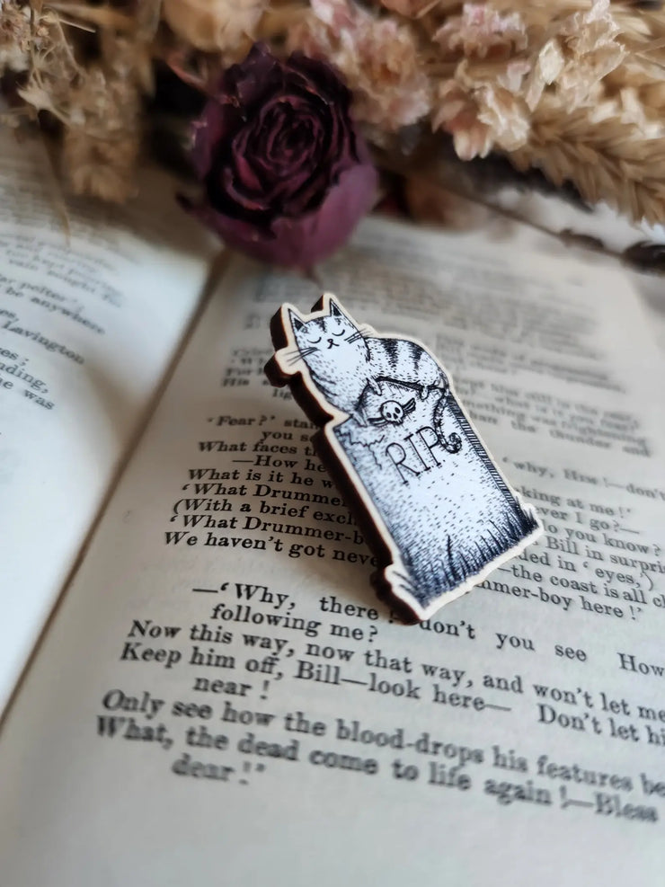 Graveyard Cat Wooden Pin Badge