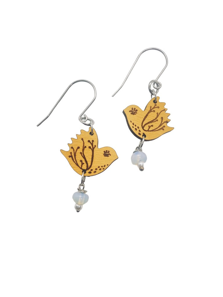 Tiny Yellow Bird Dangling Earrings, Lightweight Wooden earrings, Bird Lover Gift - Leopard Frog
