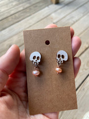 White Skull Laser Cut Earrings with Pearl - Gothic Skeleton Jewelry - Leopard Frog