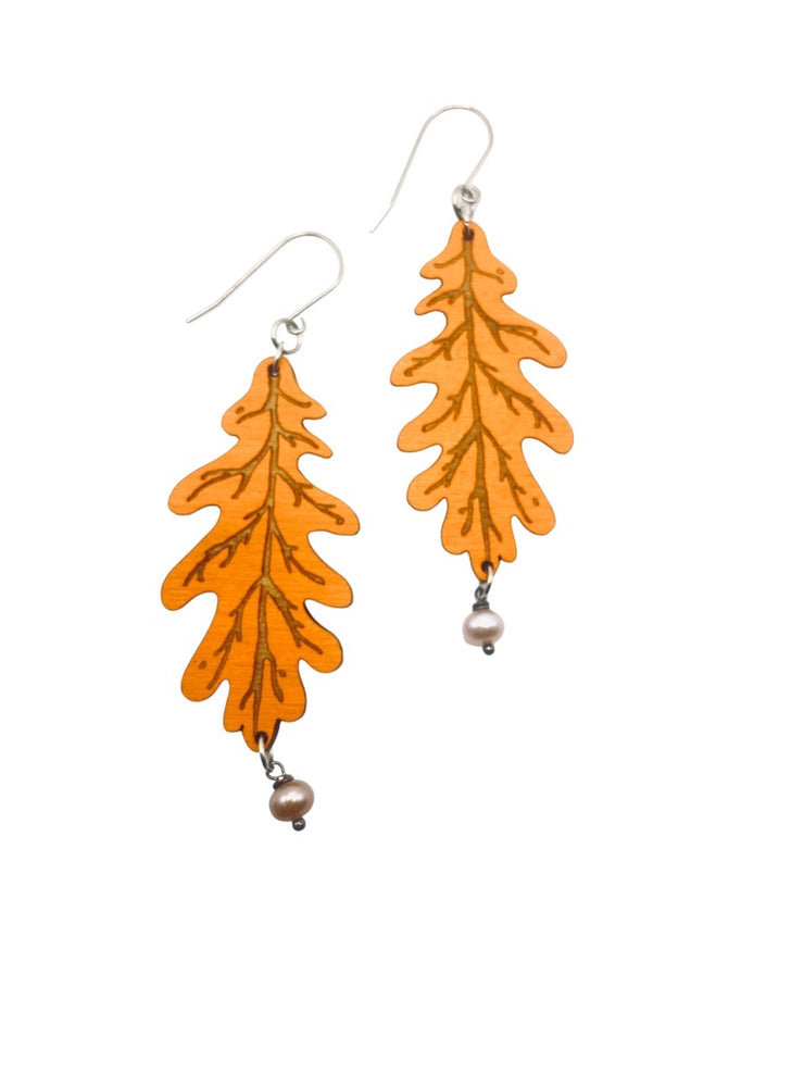 Orange Oak Leaf Earrings, Laser Cut Wooden Earrings, Hypoallergenic, Made in Vermont