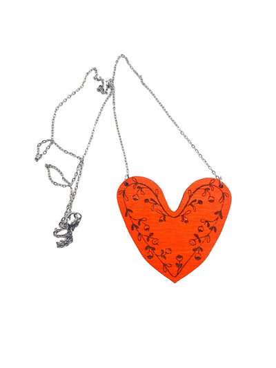 Red Heart Statement Necklace with Engraved Ornament - Leopard Frog