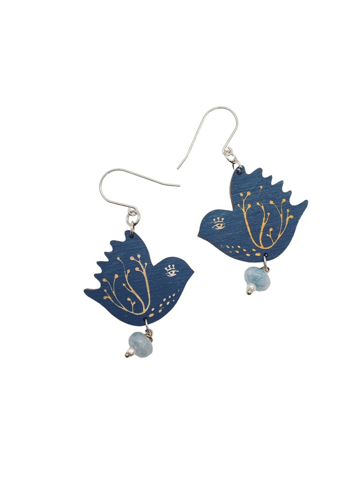 Navy Blue Large  Bird Dangling Earrings, Lightweight Statement Earrings, Jewelry for Artistic People - Leopard Frog