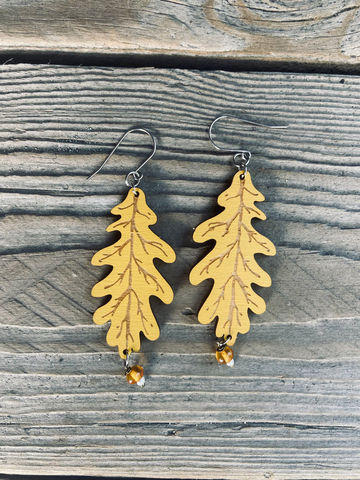 Lightweight Laser-Cut Ochre Oak Leaf Dangle Statement Earrings – Hypoallergenic, Made in Vermont