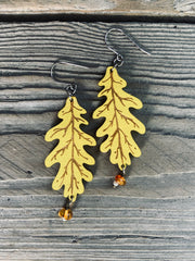 Yellow Green Oak Leaf Earrings, Lightweight Wooden Earring, Hypoallergenic, Laser-cut, Made in Vermont