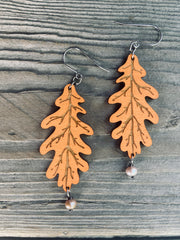 Orange Oak Leaf Earrings, Laser Cut Wooden Earrings, Hypoallergenic, Made in Vermont