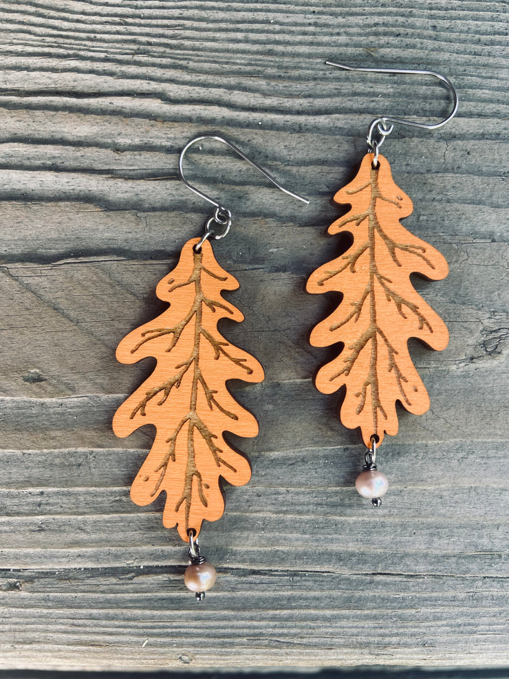 Orange Oak Leaf Earrings, Laser Cut Wooden Earrings, Hypoallergenic, Made in Vermont