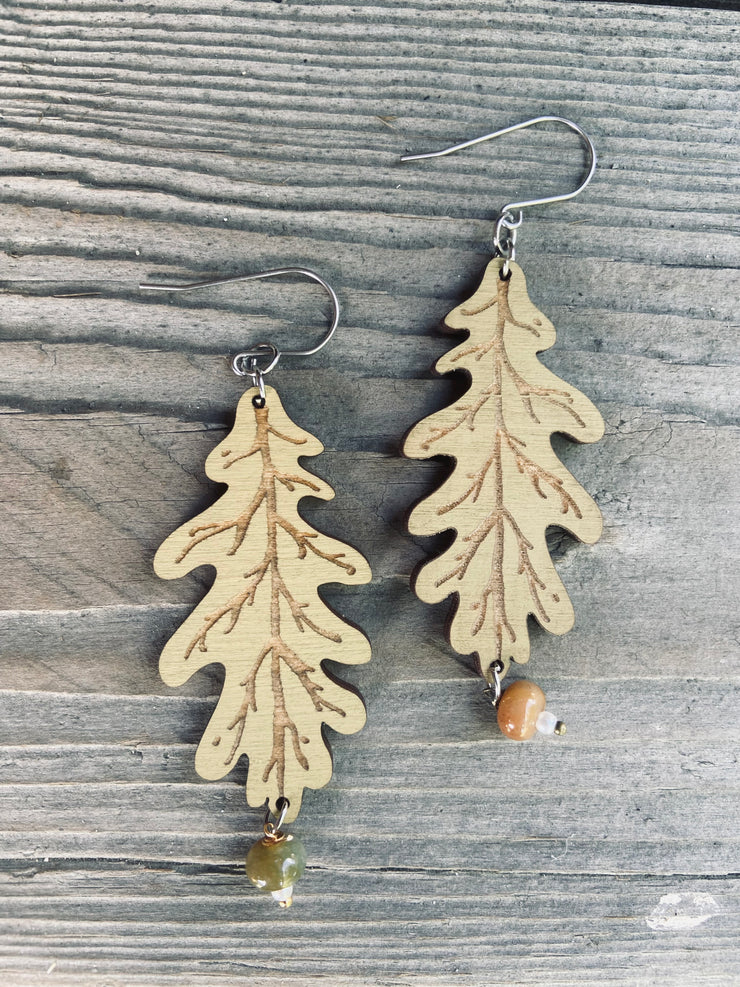 Lightweight Laser-Cut Light Green Oak Leaf Dangle Statement Earrings – Hypoallergenic, Made in Vermont