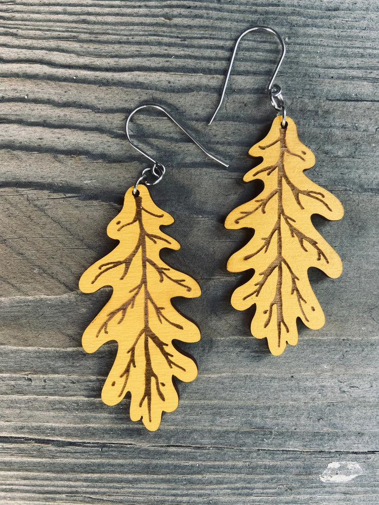 Lightweight Laser-Cut Ochre Oak Leaf Dangle Statement Earrings – Hypoallergenic, Made in Vermont