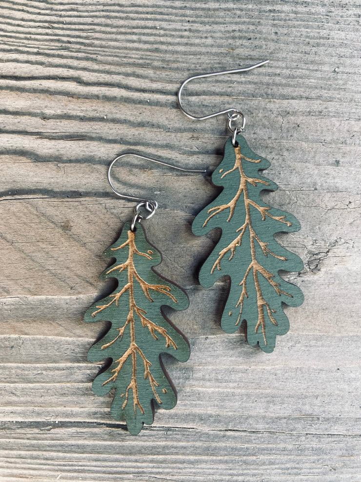 Dark Green Oak Leaf Earrings, Lightweight Hypoallergenic Earrings