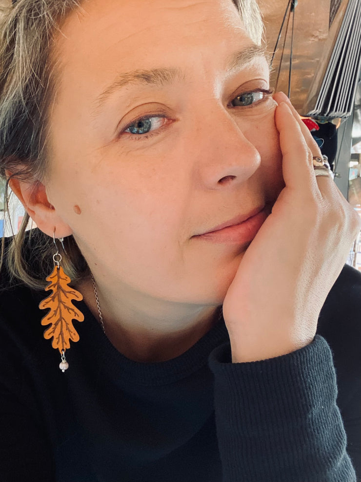 Lightweight Laser-Cut Ochre Oak Leaf Dangle Statement Earrings – Hypoallergenic, Made in Vermont