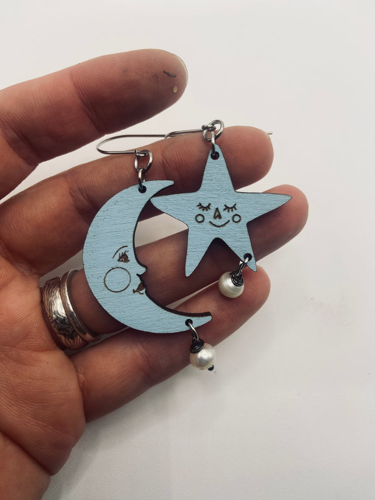 Blue Moon and Star Laser-Cut Earrings with Pearls - Hypoallergenic Stainless Steel Hoops, Lightweight