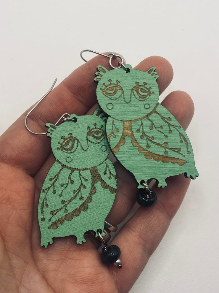 Green Owl Statement Earrings, Lightweight Wooden Earring, Maximalist Folk