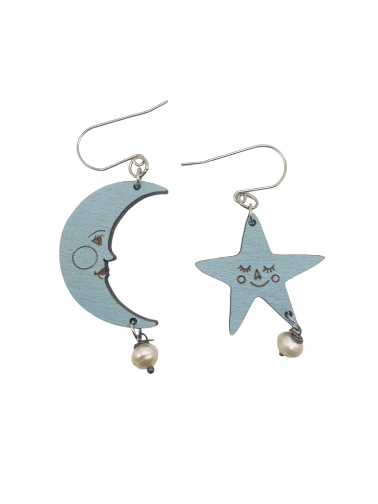 Blue Moon and Star Laser-Cut Earrings with Pearls - Hypoallergenic Stainless Steel Hoops, Lightweight