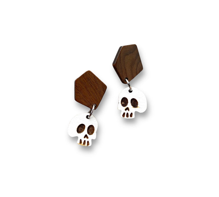 Wooden Skull Earrings , Laser Cut - Gothic Halloween Skeleton Jewelry - Leopard Frog