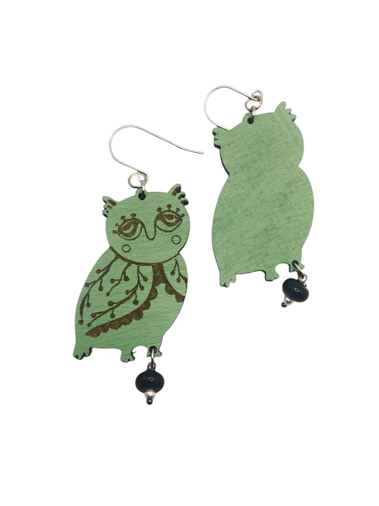 Green Owl Statement Earrings, Lightweight Wooden Earring, Maximalist Folk