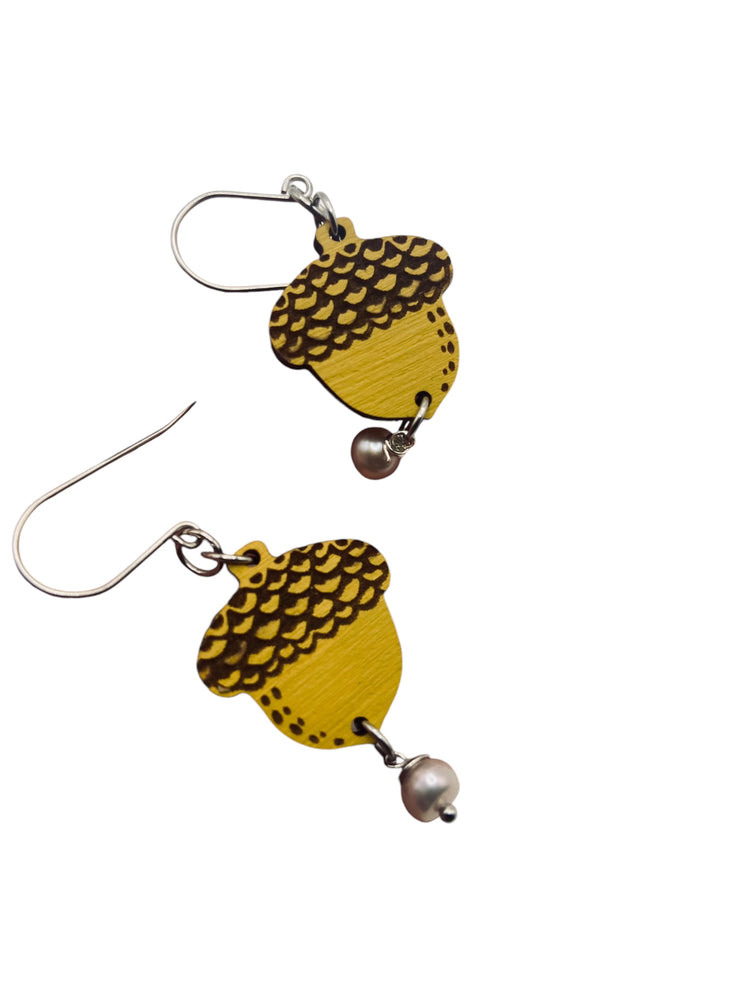 Wooden Yellow Acorn Earrings with Dangling Pearl – Lightweight, Hypoallergenic, Made in Vermont