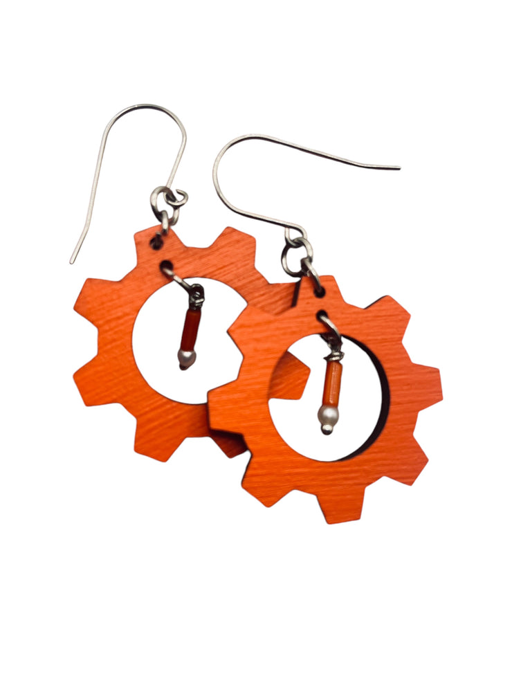 Red Gear Earrings Lightweight, Hypoallergenic, Made in Vermont