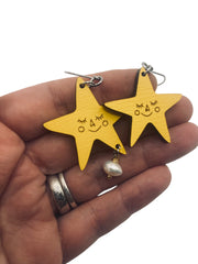 Yellow Star Laser-Cut Earrings, Hypoallergenic Stainless Steel Hoops, Lightweight