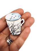 Wooden Mug Pin Brooch - Reflective Tree Branches Design