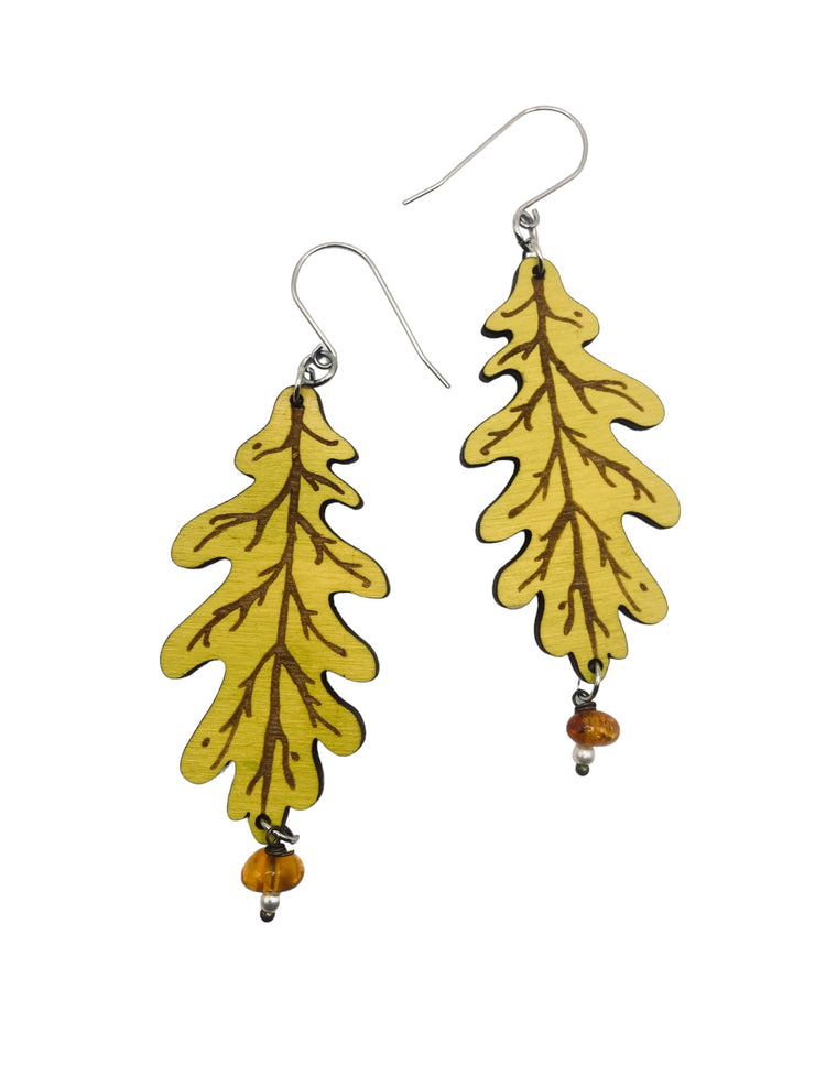 Yellow Green Oak Leaf Earrings, Lightweight Wooden Earring, Hypoallergenic, Laser-cut, Made in Vermont