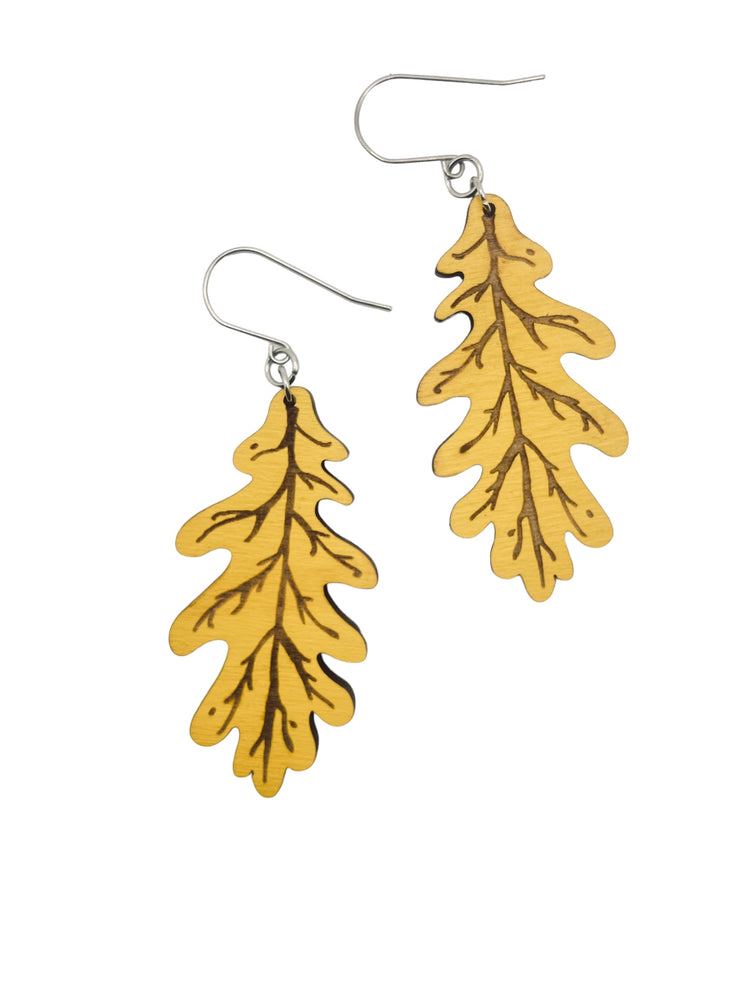 Lightweight Laser-Cut Ochre Oak Leaf Dangle Statement Earrings – Hypoallergenic, Made in Vermont