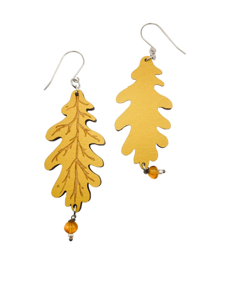 Lightweight Laser-Cut Ochre Oak Leaf Dangle Statement Earrings – Hypoallergenic, Made in Vermont