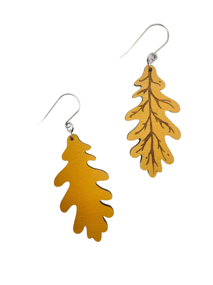 Lightweight Laser-Cut Ochre Oak Leaf Dangle Statement Earrings – Hypoallergenic, Made in Vermont