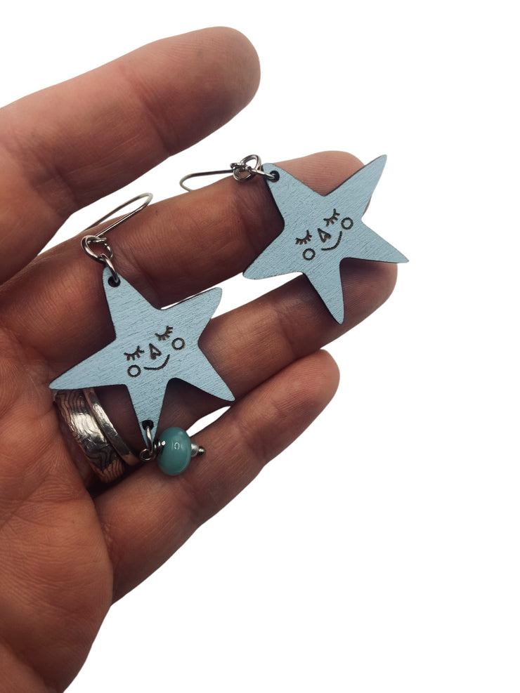 Blue Star Laser-Cut Earrings, Hypoallergenic Stainless Steel Hoops, Lightweight