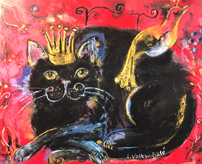 Black cat with bird print on board, Regal Feline, Whimsical Cat, Red Royalty, Folksy Crown Cat - Leopard Frog