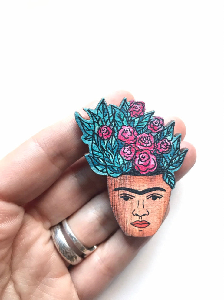 Frida Hand-Made Wood Pin Brooch, Gifts for Artists - Leopard Frog