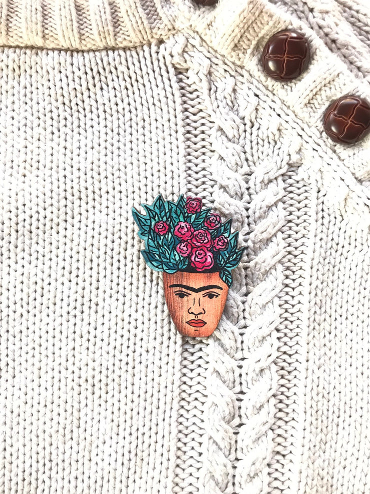 Frida Hand-Made Wood Pin Brooch, Gifts for Artists - Leopard Frog