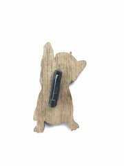 French Bulldog Pin, Black Dog Wooden Brooch - Leopard Frog